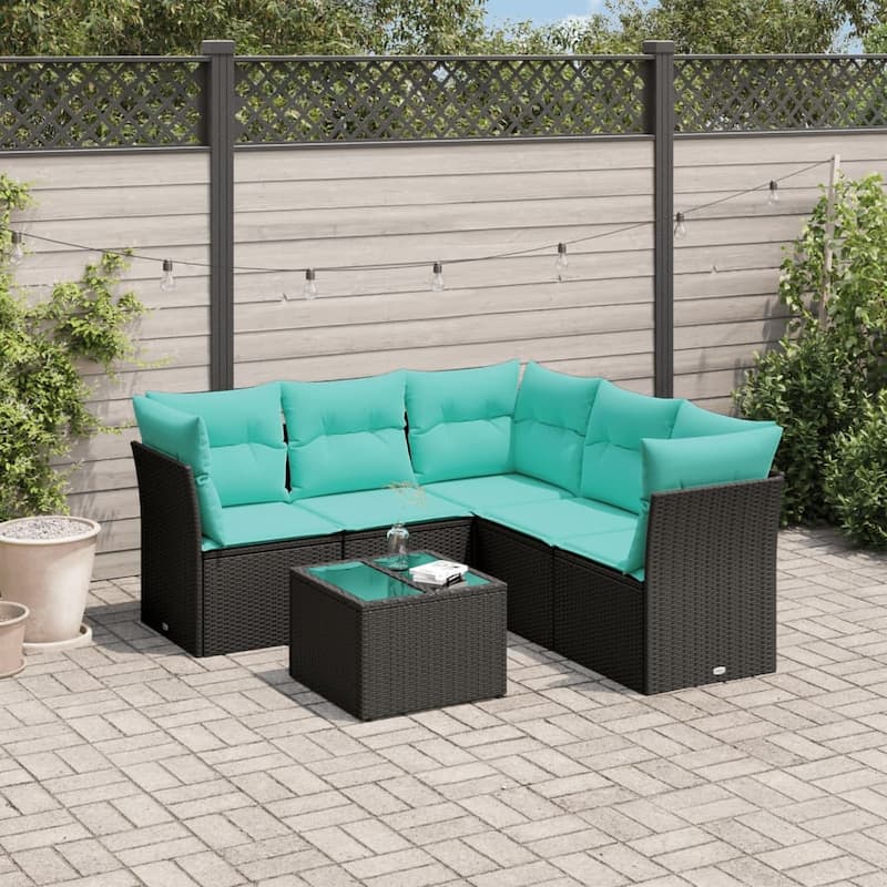 vidaXL 6 Piece Patio Sofa Set with Cushions Black Poly Rattan - 93.8x27.2x48.8