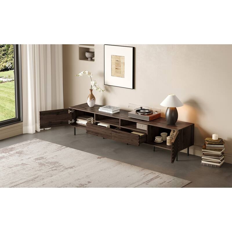 TV Stand for TVs up to 85", Entertainment Center with 2 Drawer & 2 Cabinet, Open Shelves, Wood TV Console with Cable Management