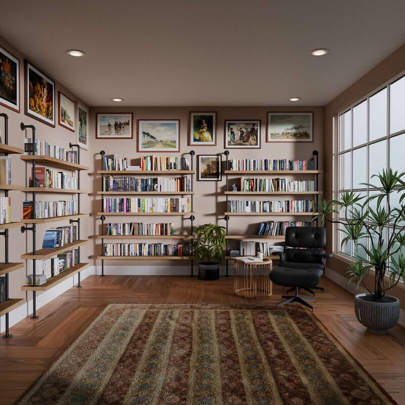 Wallniture 60" x 9.25" Pipe Bookcase, Industrial Book Shelving Unit, Hanging Shelves for Home Organization, Farmhouse, 5 Tier