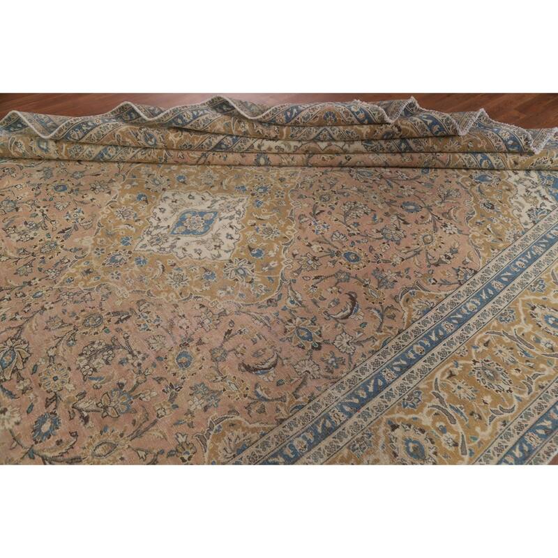 Distressed Floral Kashan Persian Antique Area Rug Handmade Wool Carpet - 9'0" x 12'5"
