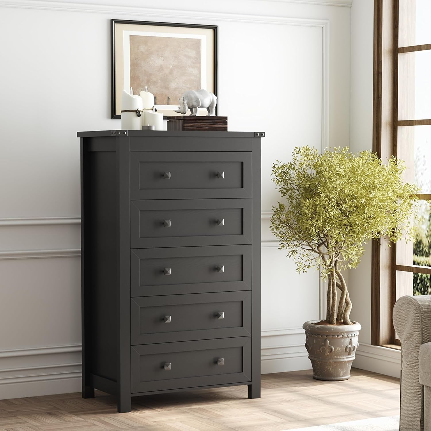 Modern 5-Drawer Wood Dresser with Metal Handles for Bedroom, Living Room, Hallway - Black