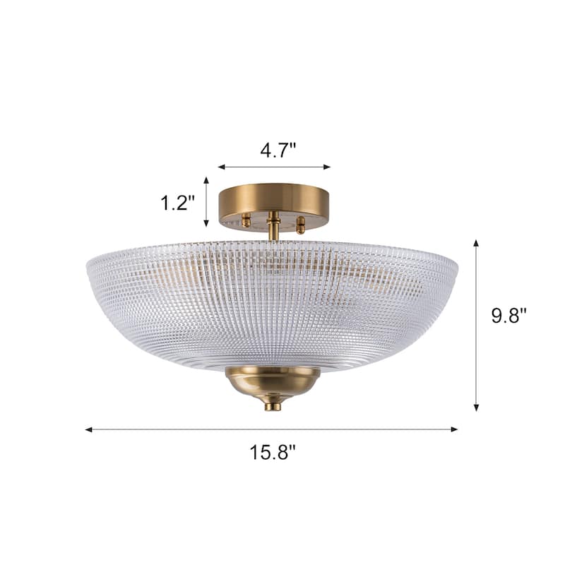 Industrial 3-Light Gold Semi Flush Mount Lights with Grid Textured Glass - Brass