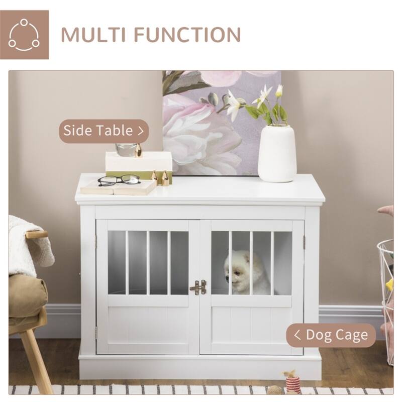 Dog Crate Table with French Doors and Magnetic Closure - White