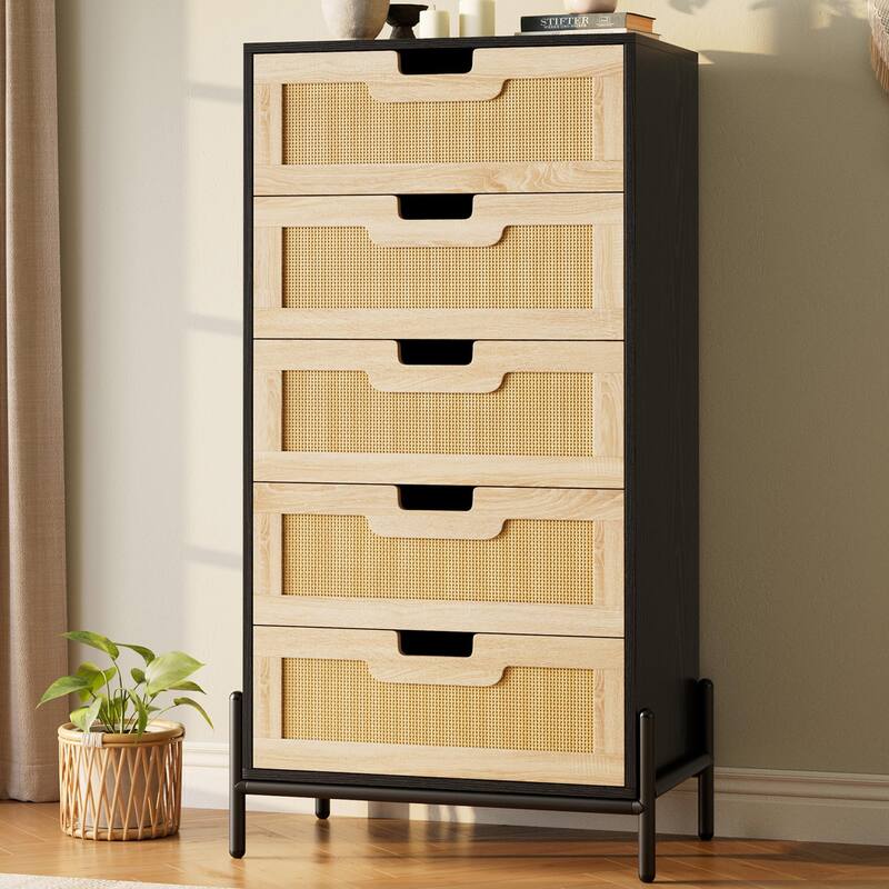 5/6 Drawer Dresser for Bedroom, Natural Rattan Modern Wooden Dresser, Farmhouse Storage Cabinet Chest - 5-drawer - Black and Oak