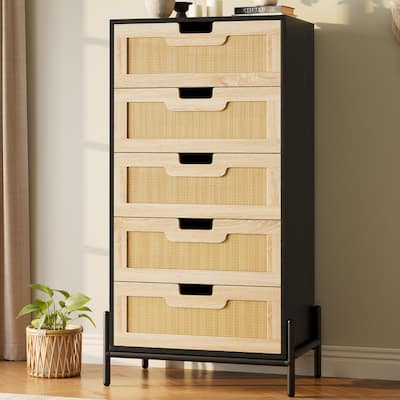 5/6 Drawer Dresser for Bedroom, Natural Rattan Modern Wooden Dresser, Farmhouse Storage Cabinet Chest