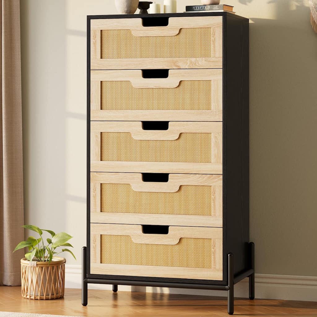 5/6 Drawer Dresser for Bedroom, Natural Rattan Modern Wooden Dresser, Farmhouse Storage Cabinet Chest