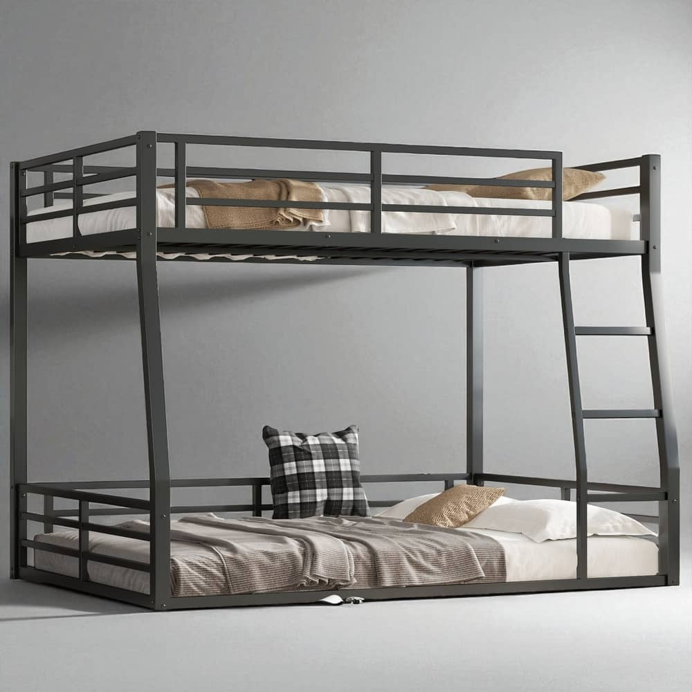Metal Bunk Bed Twin XL/Full XL/Queen Over Queen, Heavy-Duty Low Bunk Frame with Guardrails and Quiet Design