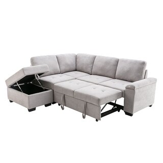 86" Sleeper Sectional Sofa, L-shape Corner Couch Sofa-bed with Storage Ottoman Hidden Arm Storage for Family Living Room