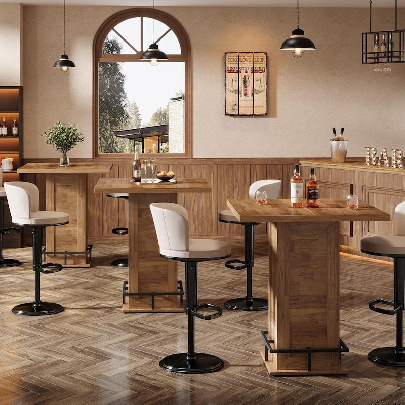 Industrial Square Bar High Top Bistro Pub Cocktail Table with Metal Footrest - Brown