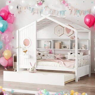 Twin Size Wooden House Bed With Trundle With Storage Shlef for Home