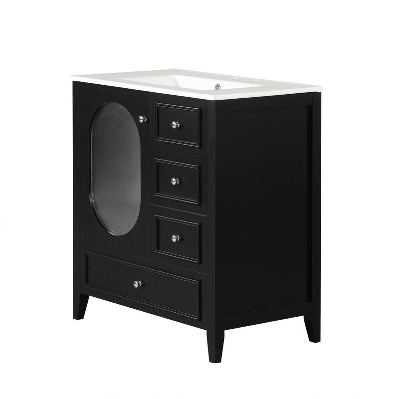 30" Stylish Bathroom Vanity with Sink, Bathroom Storage Cabinet with 3 Drawers, Solid Wood Frame and Glass Door