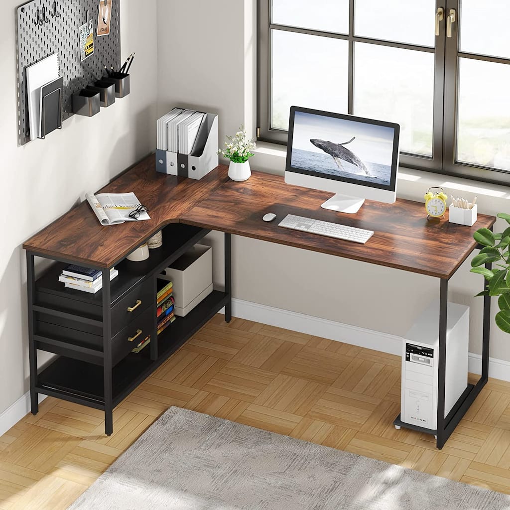 2 Drawers L Shaped Desk, 59 Inch Computer Desk