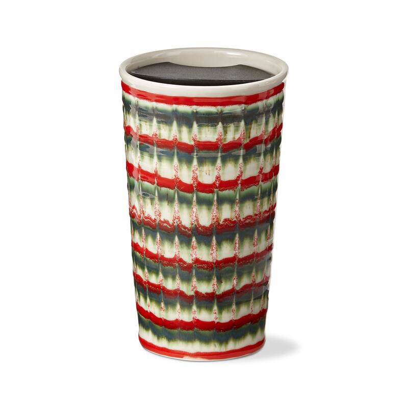 Festive Red & Green Stoneware Hot and Cold Beverage Insulated Travel Mug for Tea or Hot Coco, 16 Oz