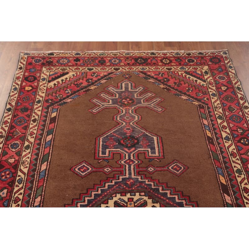 Brown Geometric Hamedan Vintage Persian Area Rug Handmade Wool Carpet - 4'6"x 7'1"