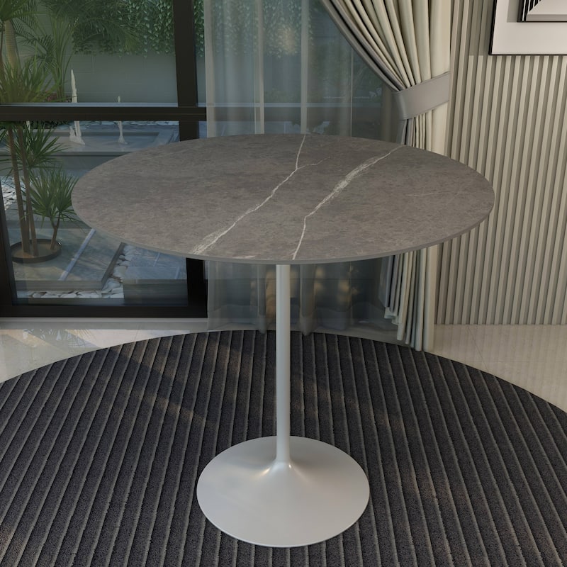 LeisureMod Verve 48" Round Bar Dining Table with Stone TableTop and White Steel Base for Kitchen & Dining Room