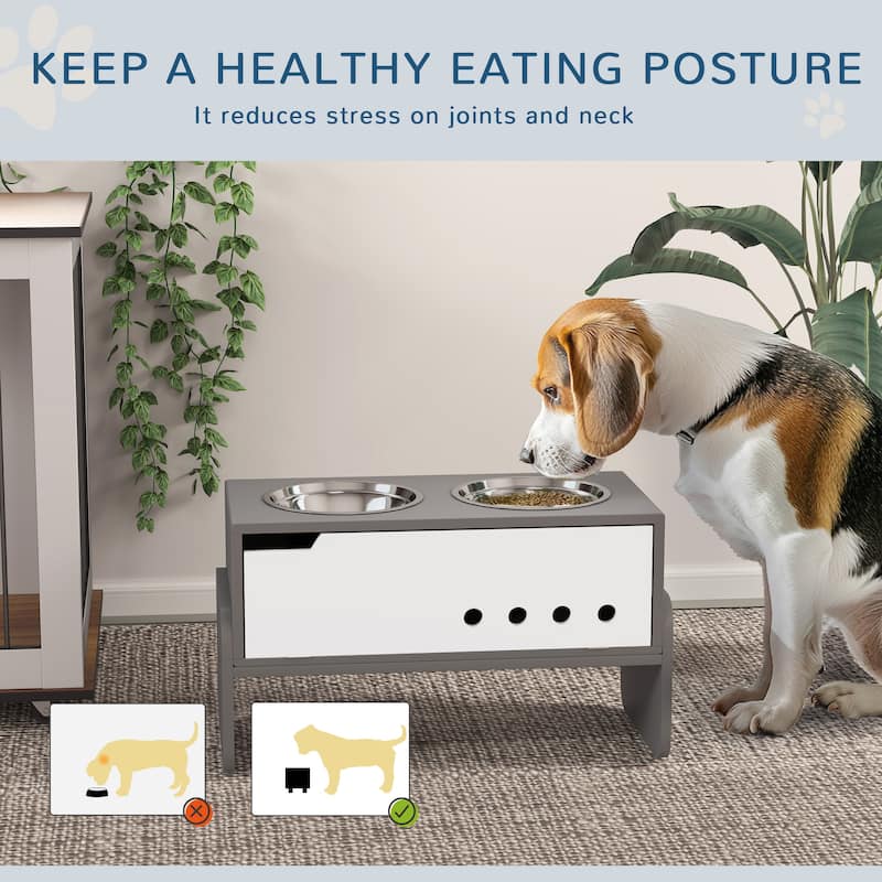 Adjustable Raised Dog Feeding Station with 2 Stainless Steel Bowls and Slow Feeder Mat Gray for Medium to Extra Large Dogs