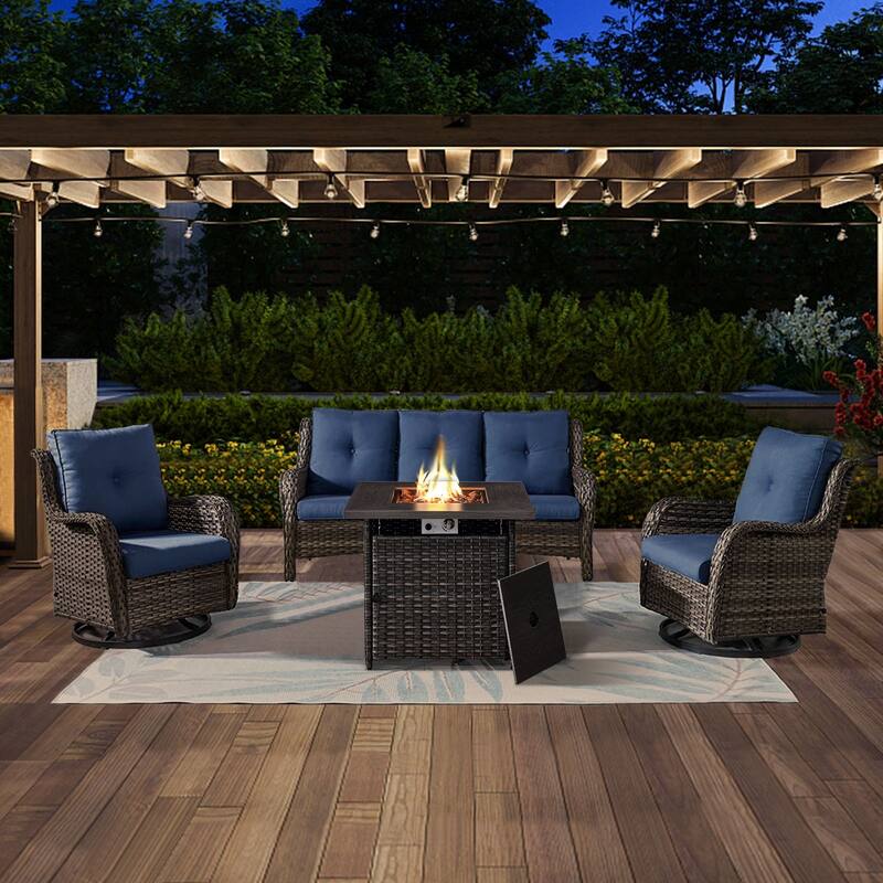 Gymojoy 4-Piece Outdoor Wicker Patio Furniture with Fire Pit Table, Rattan Coversation Set with Water Resistant Thick Cushions - Grey Wicker / Blue Cusion - 4-Piece