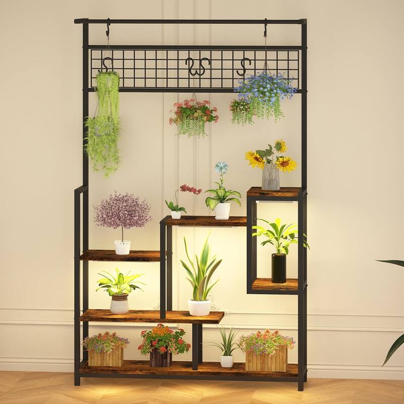 Plant Shelf with Grow Light, Tall Plant Stand Indoor, 7 Tiered Large Metal Shelf with Hanging Hooks
