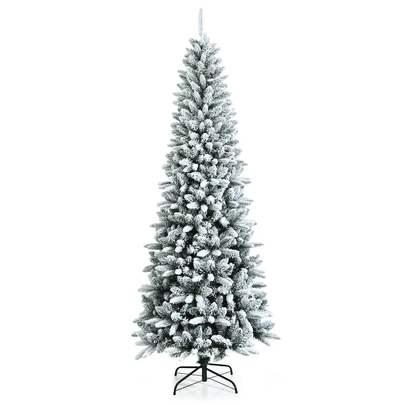 7.5ft Snow-Flocked Hinged Artificial Christmas Pencil Tree w/ 1189 - 7.5 Foot - White