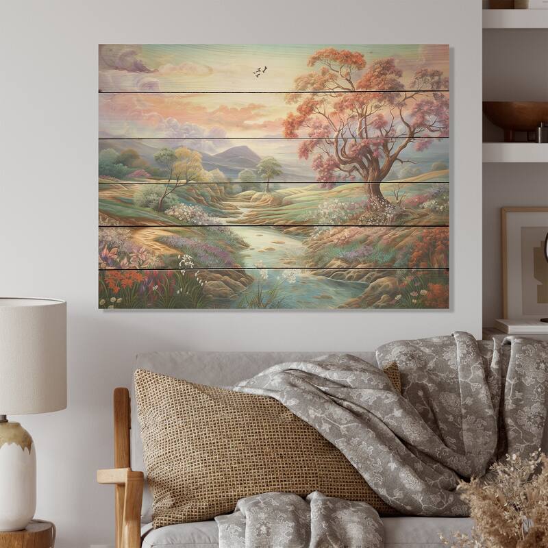 Designart "Countryside Charm Provence Landscape" Countryside Wood Wall Art - Country Wood Panel On Natural Pine Wood