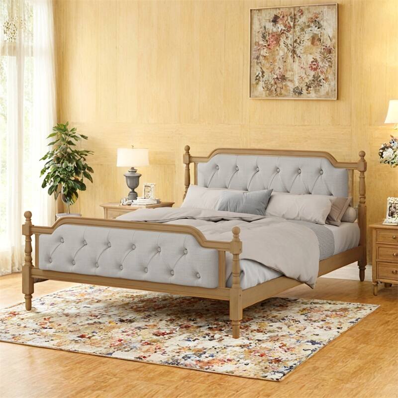 Traditional Style Solid Wood Bed Frame w/Upholstered Tufted Headboard