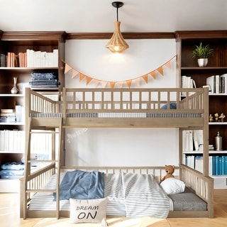 Full Xl Over Queen Log Style Bunk Beds with Fence and Stairs