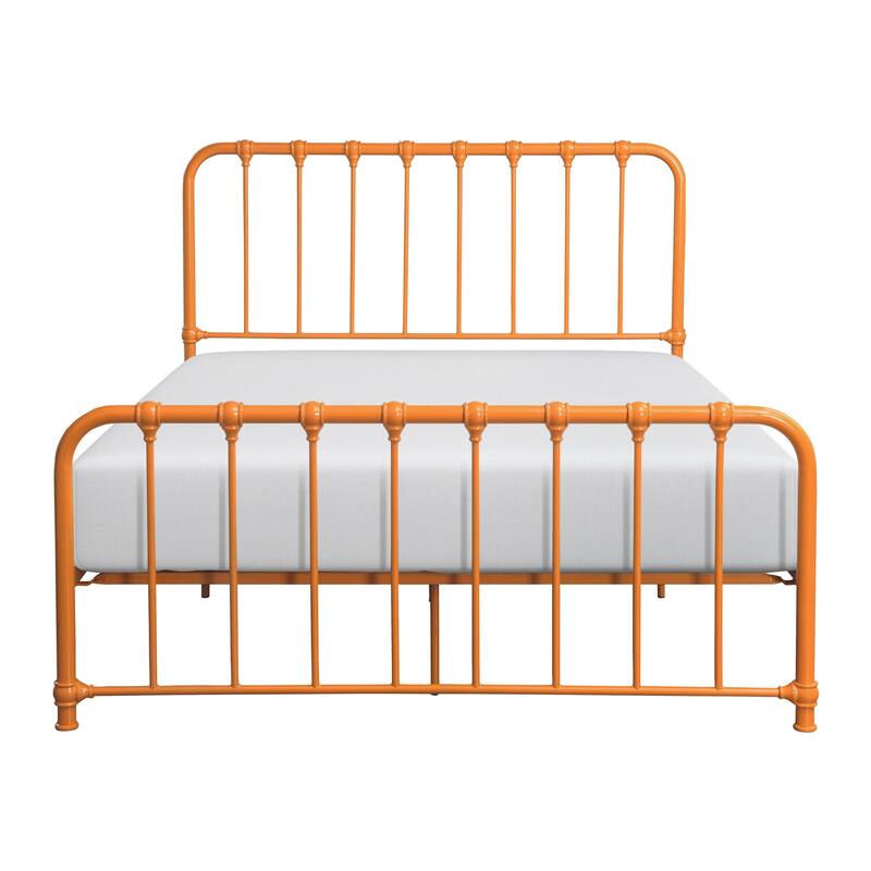 Ethan Full Size Metal Bed, Orange Spindle Design, Heavy Duty Slat Support