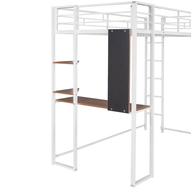 Twin Size Loft Bed with 2 Corner Shelves and MDF Desk, Metal Bed Frame with 2 Built-in Ladders and Safety Guardrails