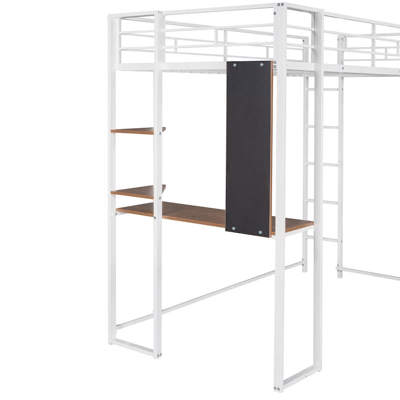 White Twin Size Metal Loft Bed with Ladder, Fence, 2 Shelves and Desk for Bedroom