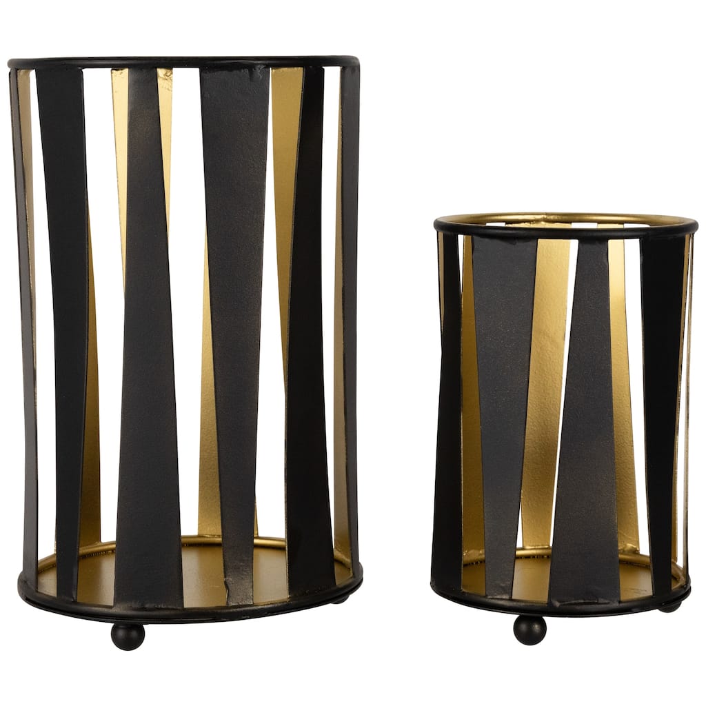 Abstract Iron Pillar Candle Holders - 9" - Black and Gold Finish - Set of 2