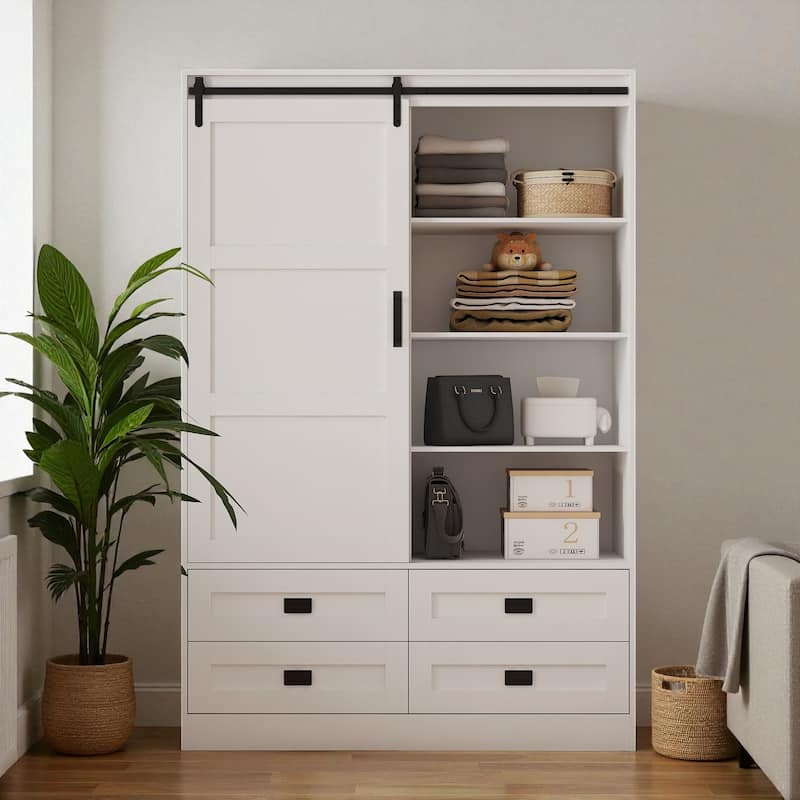 Tall Armoire Wardrobe Closet with Hanging Rod Barn Door 4 Drawers and 3 Open Shelves MDF Bedroom Storage Cabinet - White