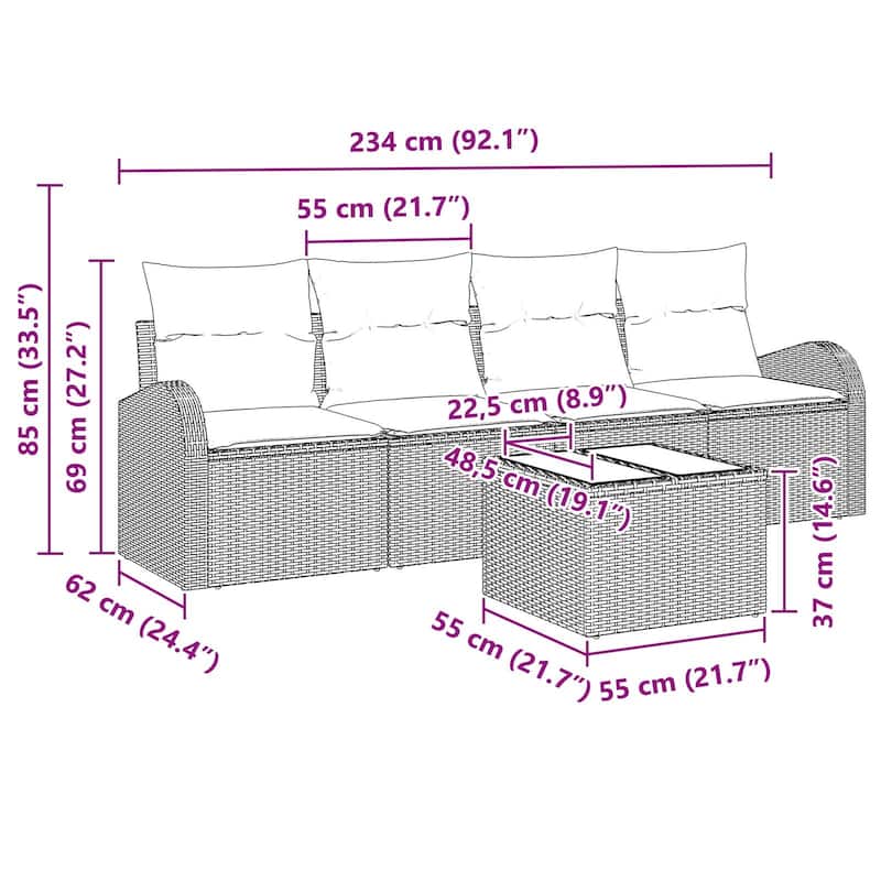 vidaXL 5 Garden Sofa Set with Cushions Black Poly Rattan - 92.1 x 24.4 x 27.2