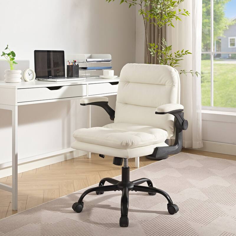 Javlergo White PU Leather Office Chair Adjustable Back 360° Swivel Chair with Flip-Up Arms Ergonomic Desk Chair for Home Office