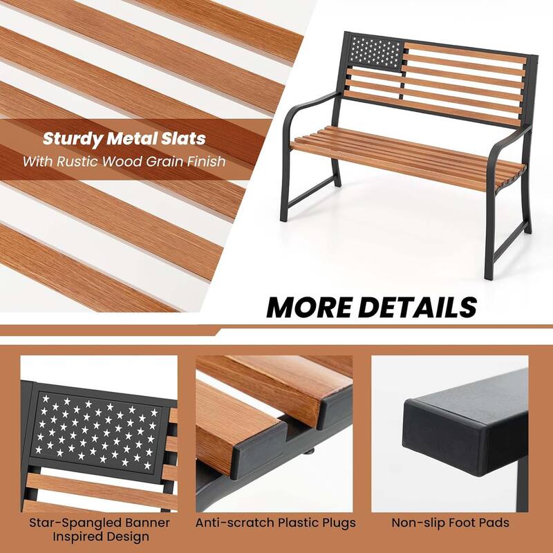 50" Outdoor Garden Bench w/ Flag Backrest & Rustic Wood Grain Finish