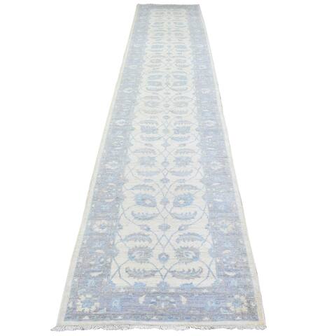 Shahbanu Rugs Ivory Wool Hand Knotted White Wash Peshawar All Over Leaf Design Natural Dyes Runner Oriental Rug (2'8" x 14'4")
