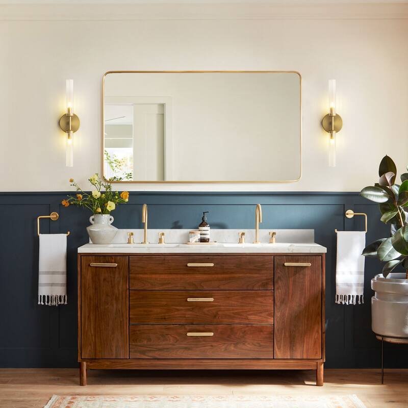 2-Light Mid-Century Modern Brushed Gold/Matte Black Finish Linear Vanity Light with Clear Striped Glass for Bathroom