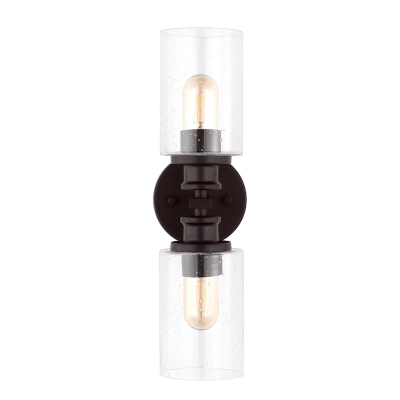 Jules Edison 16.5" Cylinder 2-Light Iron/Seeded Glass Farmhouse Contemporary LED Wall Sconce, Black by JONATHAN Y - One
