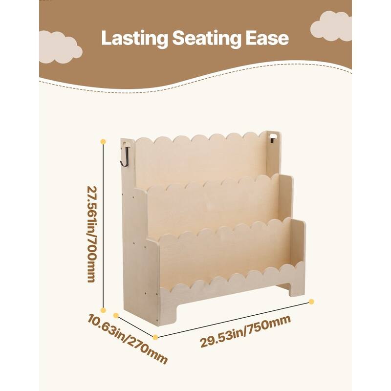 Natural Wood Kids Montessori Bookshelf with 3 Compartments and Side Hooks for Toys and Supplies - 29.53 x 10.63 x 27.56 in