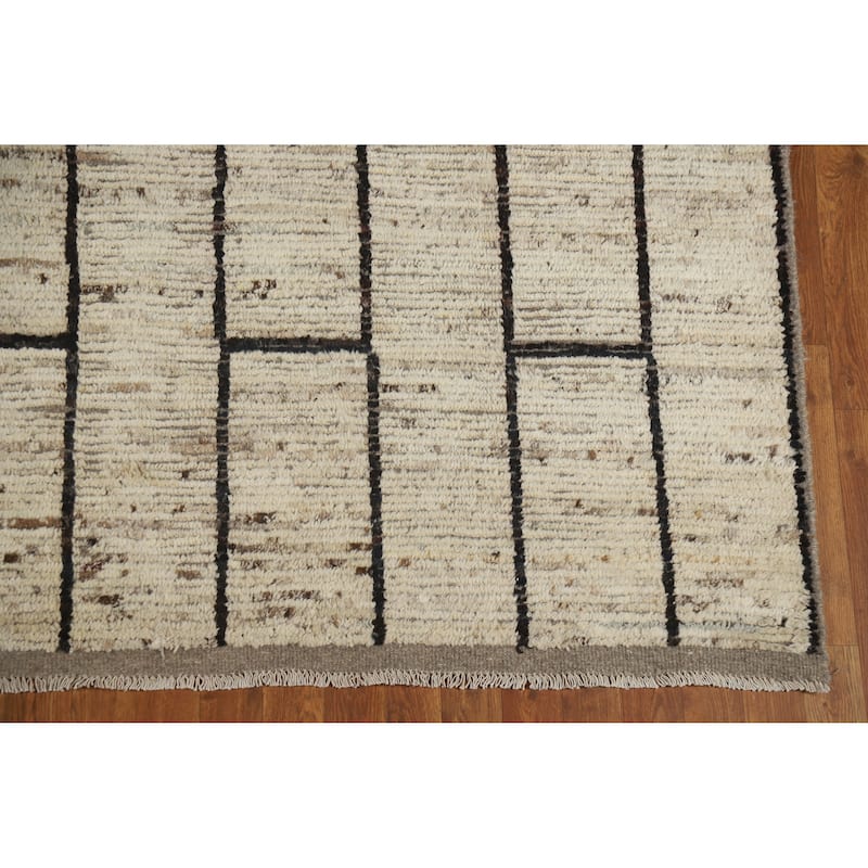 Geometric Moroccan Area Rug Hand-Knotted Beige Wool Carpet - 7'0" x 9'9"