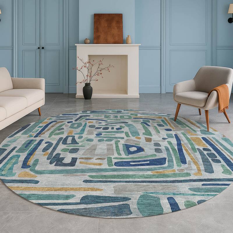 Machine Washable Indoor/ Outdoor Global Geo Chantille Rug