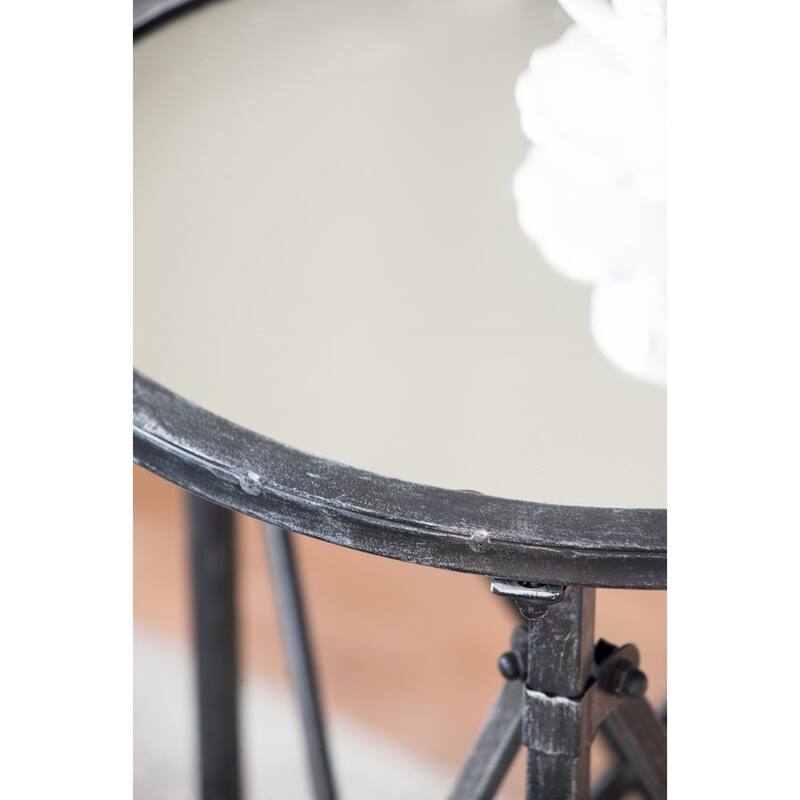 Round Side Table With Glass Top and Wheels - 26.5" - Antique Silver