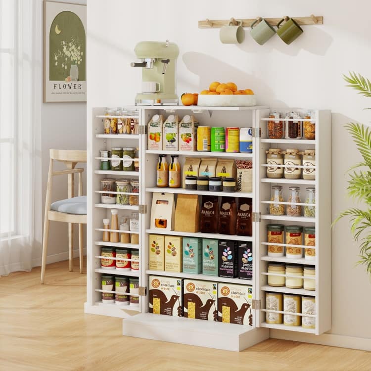 White MDF Pantry Cabinet with Adjustable Shelves 5 Tier Storage and 2 Door Design - 23.5” x 12” x 41”