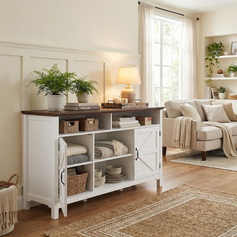 Homy Casa Farmhouse Sideboard Buffet Cabinet, Hinged Barn Doors, White 58'' Black Friday Gift