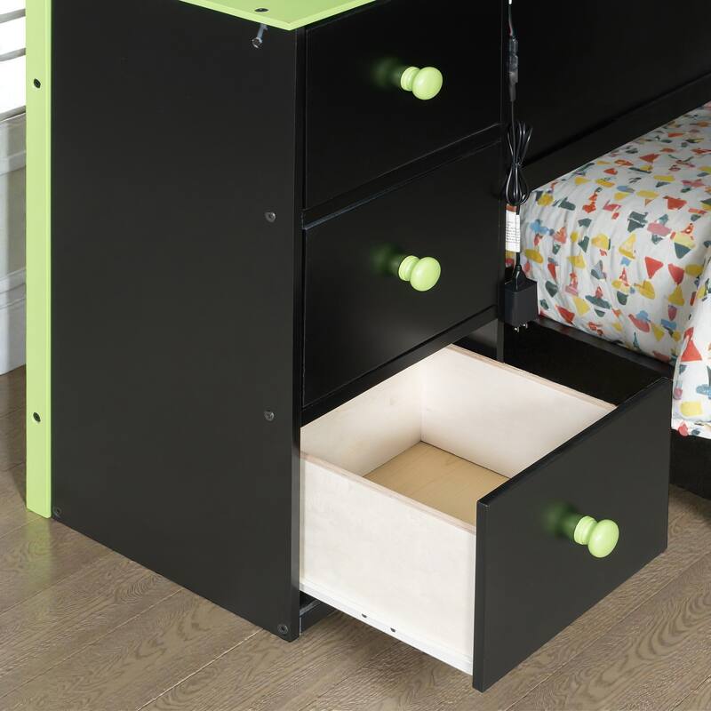 Full Size Gaming Loft Bed with Desk, LED Light, Storage Shelves and Drawers, Wood Loft Bed Frame for Teens Kids
