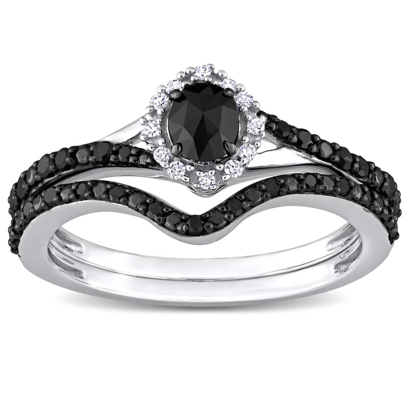 Miadora 1/2ct TDW Black White Oval Round-Cut Diamonds Bridal Ring Set in 10k White Gold