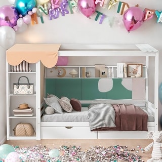 Modern Twin Size House Bed with Two Drawers and Built-in Wardrobe and Sturdy Construction
