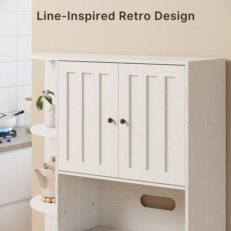Farmhouse Kitchen Storage Cabinet with Doors and Open Shelves, Buffet Sideboard with Microwave Shelves and Drawers