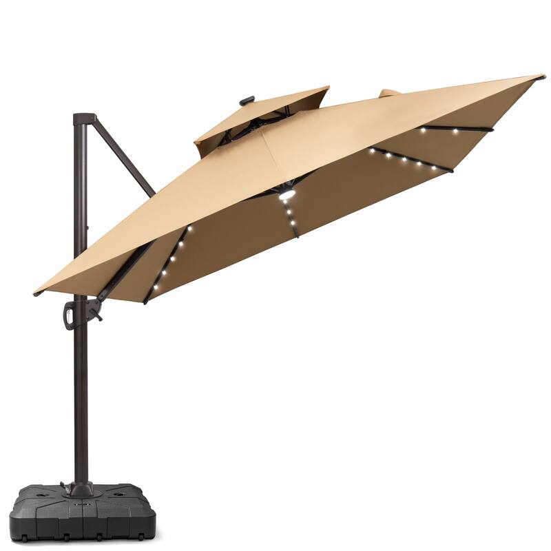 10X13 FT Outdoor Cantilever Patio Umbrella Solar LED Light with Wheel Base - Tan