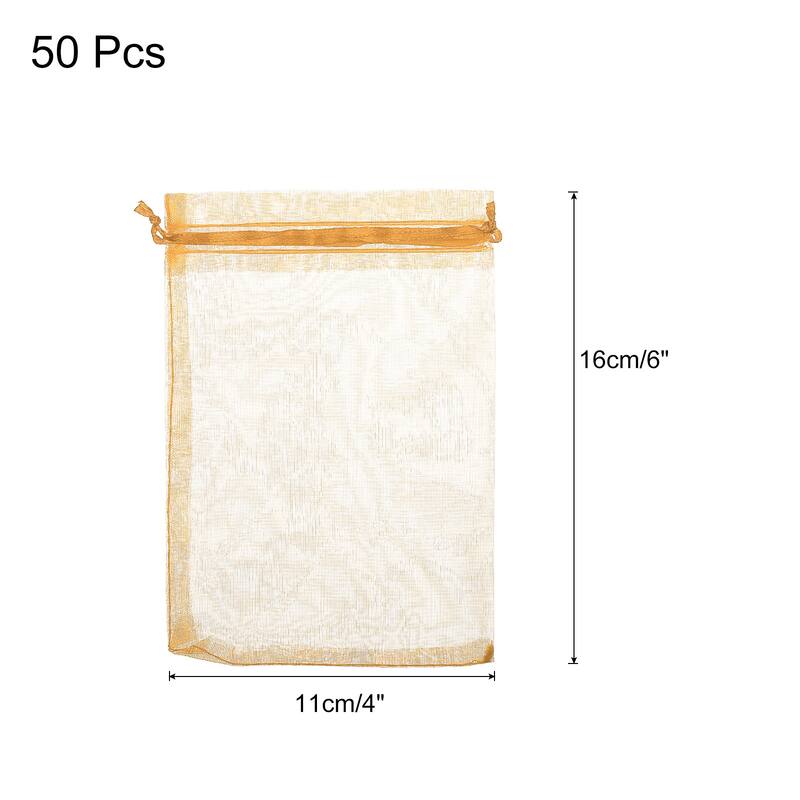 50pcs Organza Bags Drawstring Favor Pouches Sheer Mesh Bag for Gift - Gold - 4 inch x 6 inch
