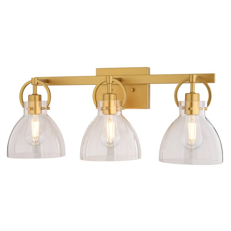 Ogden 3-Light 25.5 in. W Gold Bathroom Vanity Lighting Fixture, Clear Glass Shade, Dimmable, LED Compatible, Wall Mount